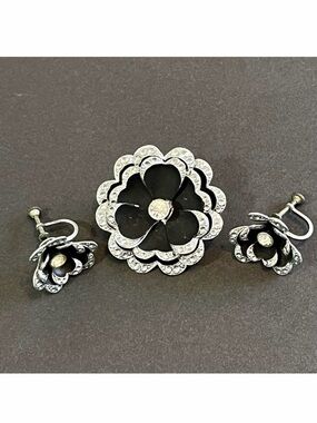 Silver Tone Black Flower Brooch & Screw Back Earrings Set Aluminum Germany